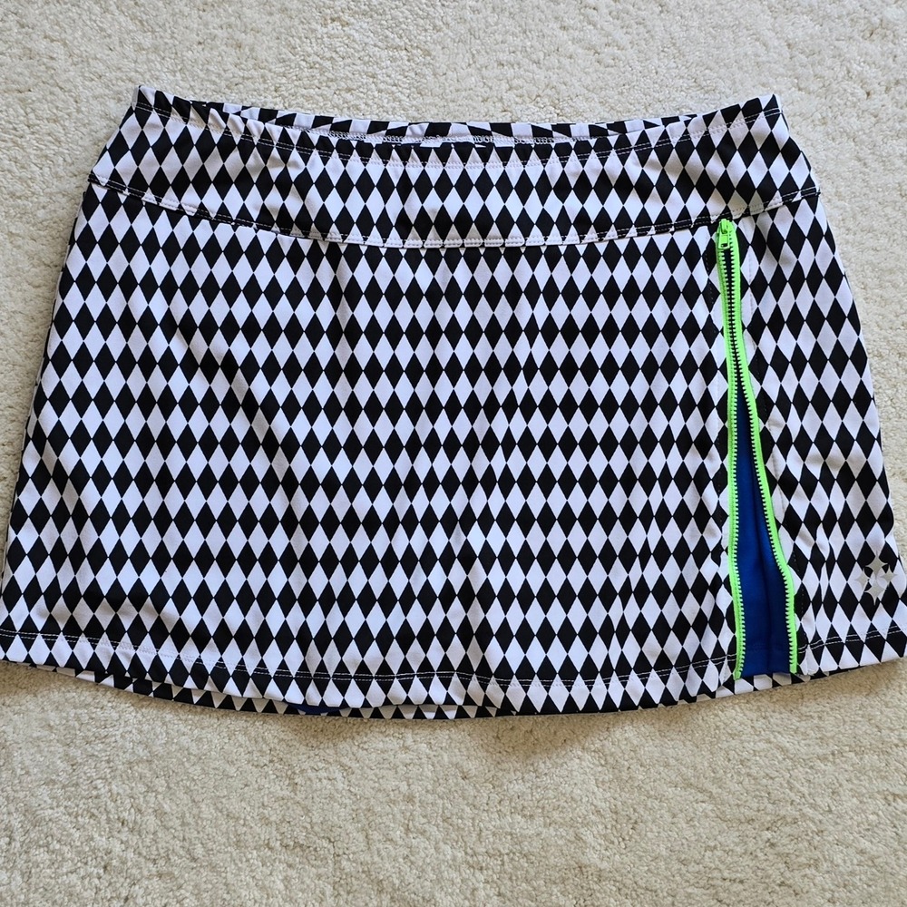 JOFIT Womens Athleisure Skirt Black White Diamond Print Royal Blue Shorts L